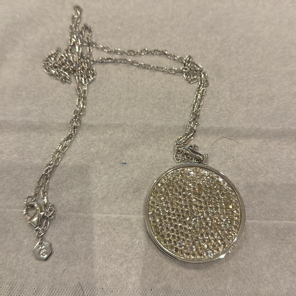 Touchstone Swarovsky Crystal 2 Sided Black Clear Circle Pendant 35” Chain - Picture 2 of 3